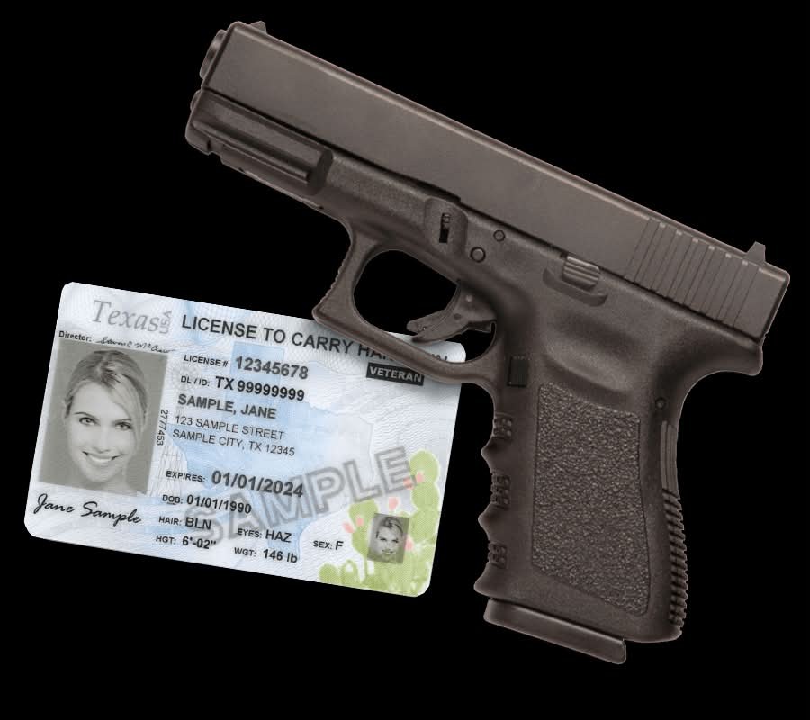 A Texas License to Carry card next to a pistol